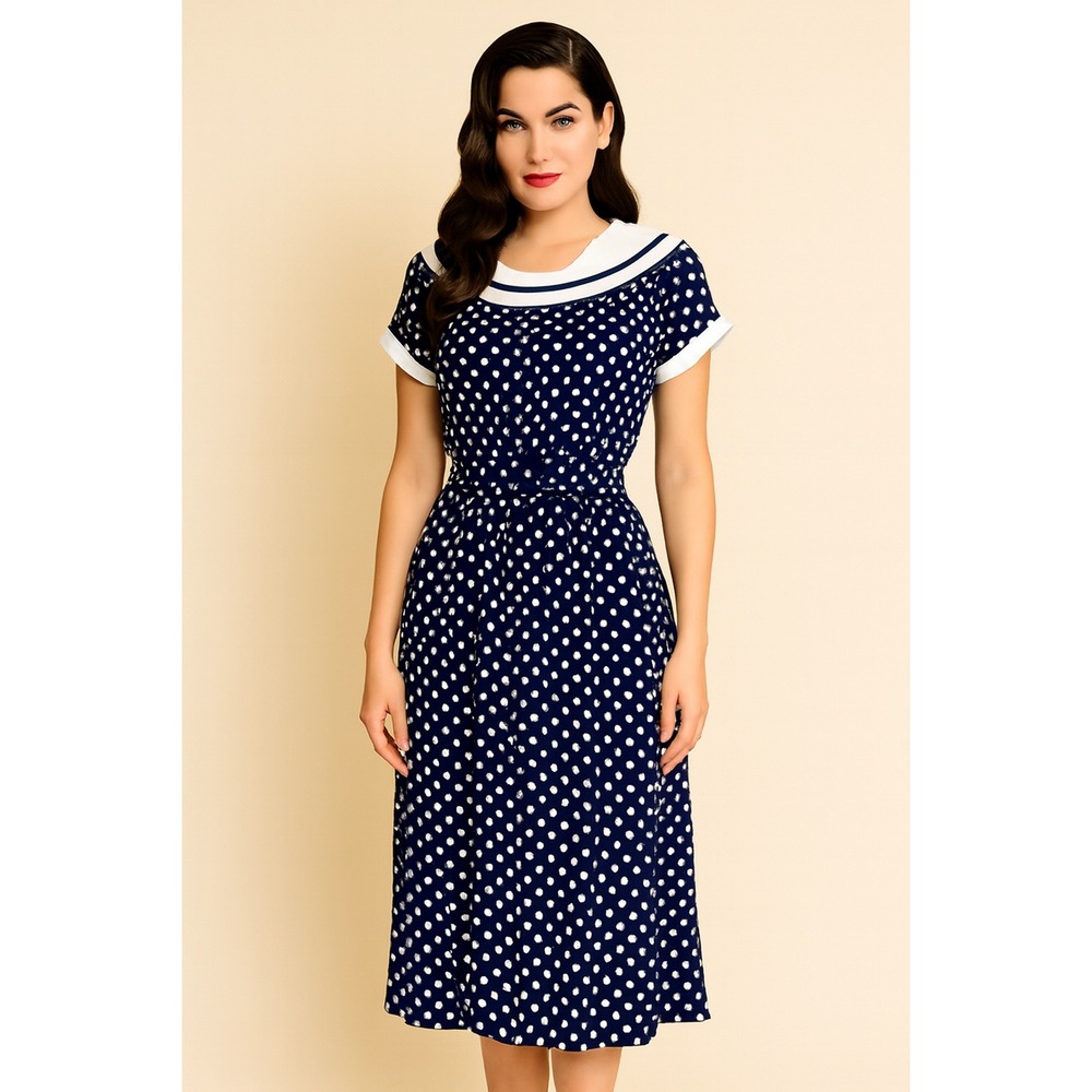Vintage Polka Dot Sailor Dress Navy Blue White ILGWU USA Sz 6 Pin‎ Up Rockabilly